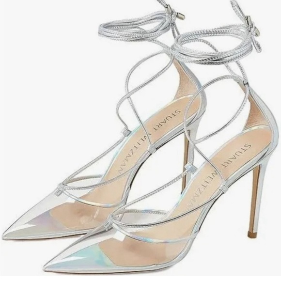 Stuart Weitzman Stuart Lace-Up Point Toe Stiletto Pump in Silver/Clear - Picture 1 of 6